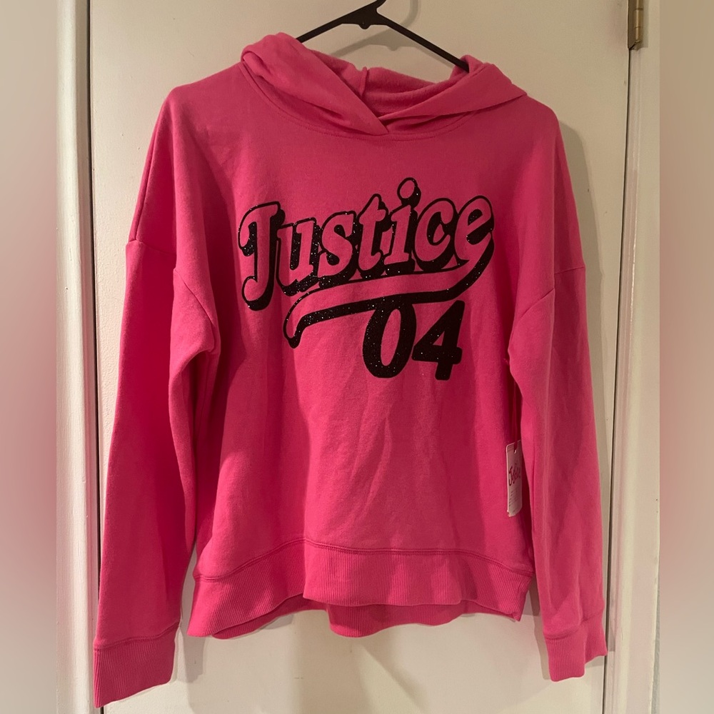 Justice 04 pink girls xl hoodie long sleeve with black glitter logo